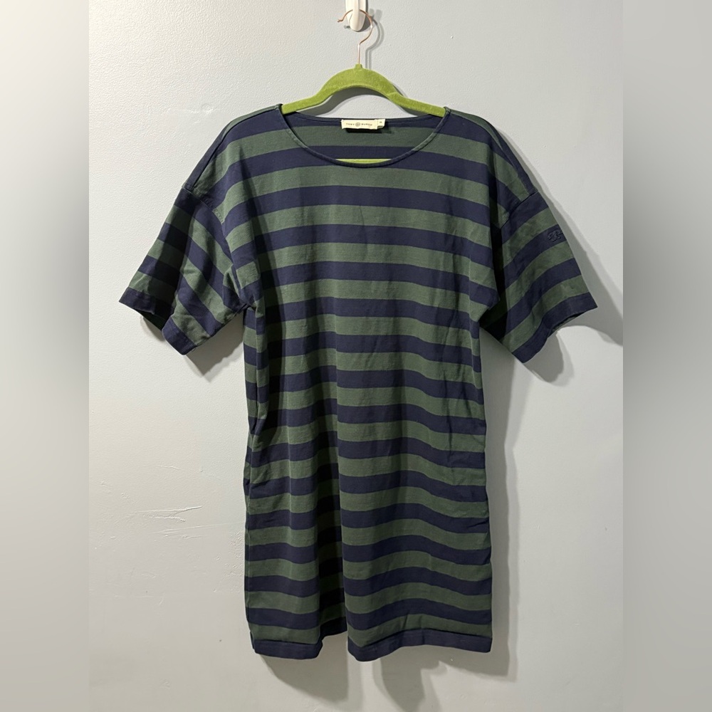Tory Burch Green Navy Blue Striped T-Shirt Dress Cotton Pockets XL